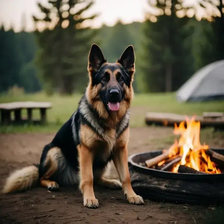 German Shepherd dog at camp sitting next to a camp fire.