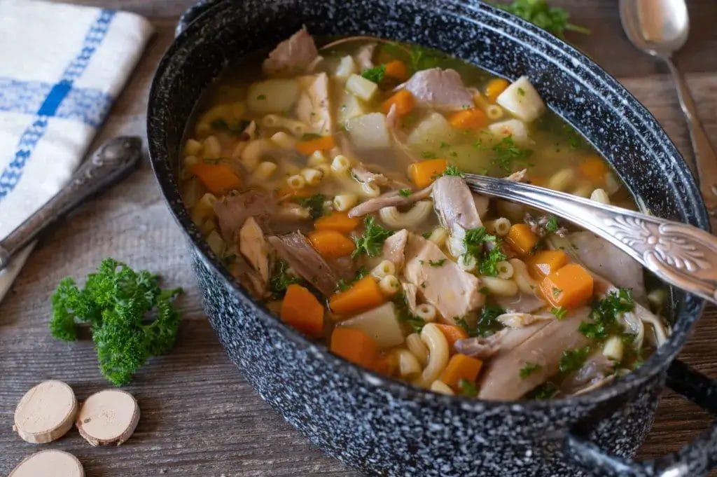 Chicken stew casserole in a pot.