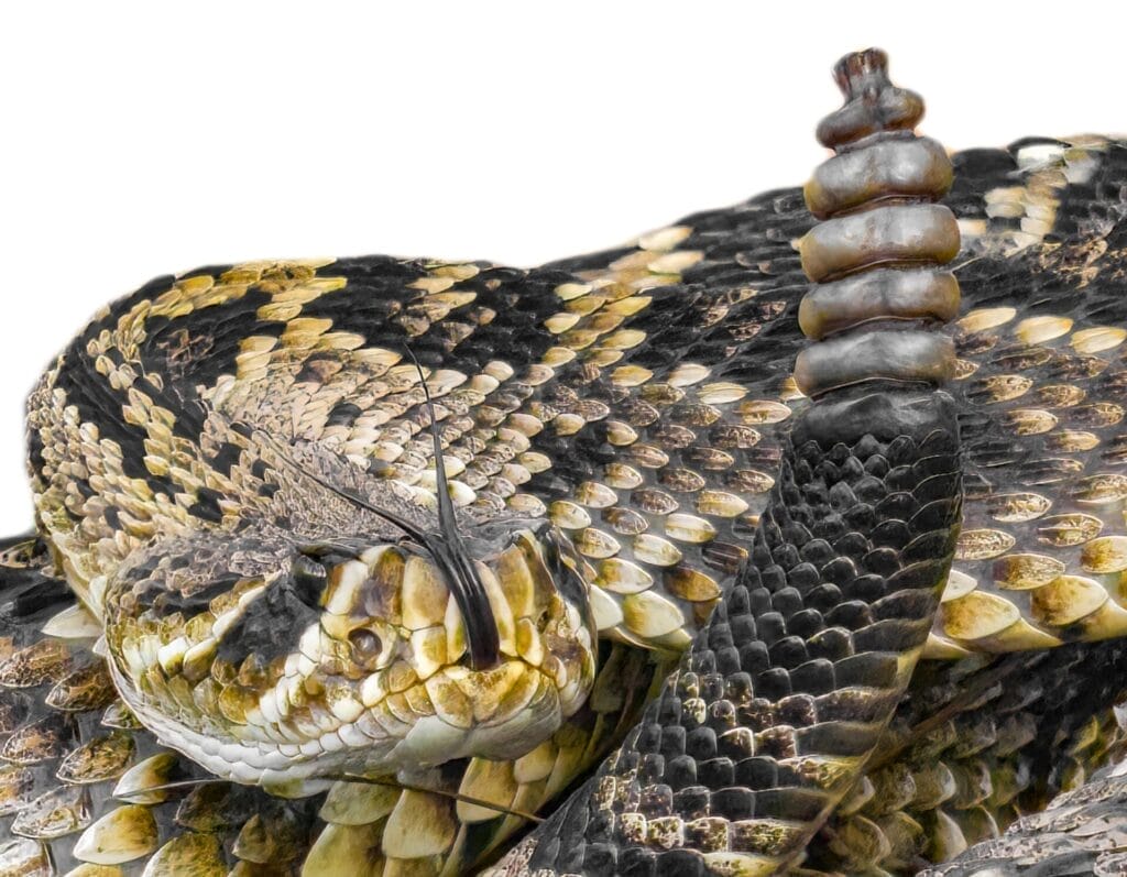 eastern diamondback rattlesnake - crotalus adamanteus - coiled in strike pose, tongue out and up, rattle next to head.
