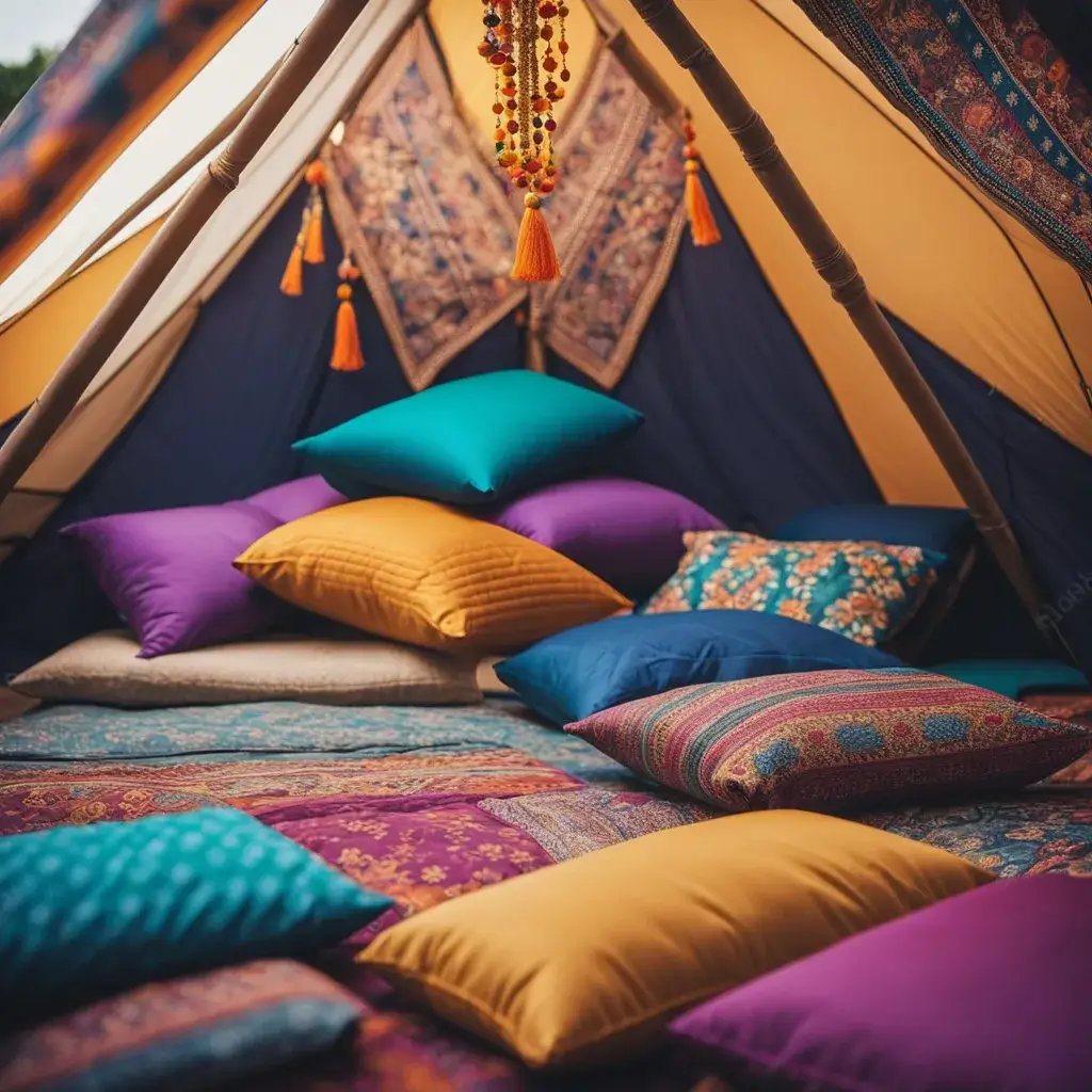 Glaming tent decorated with colorful pillows and tapestries.