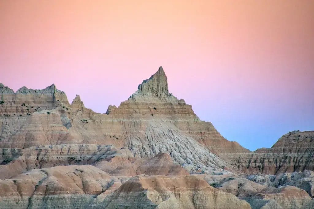 Badlands National Park at sunset.