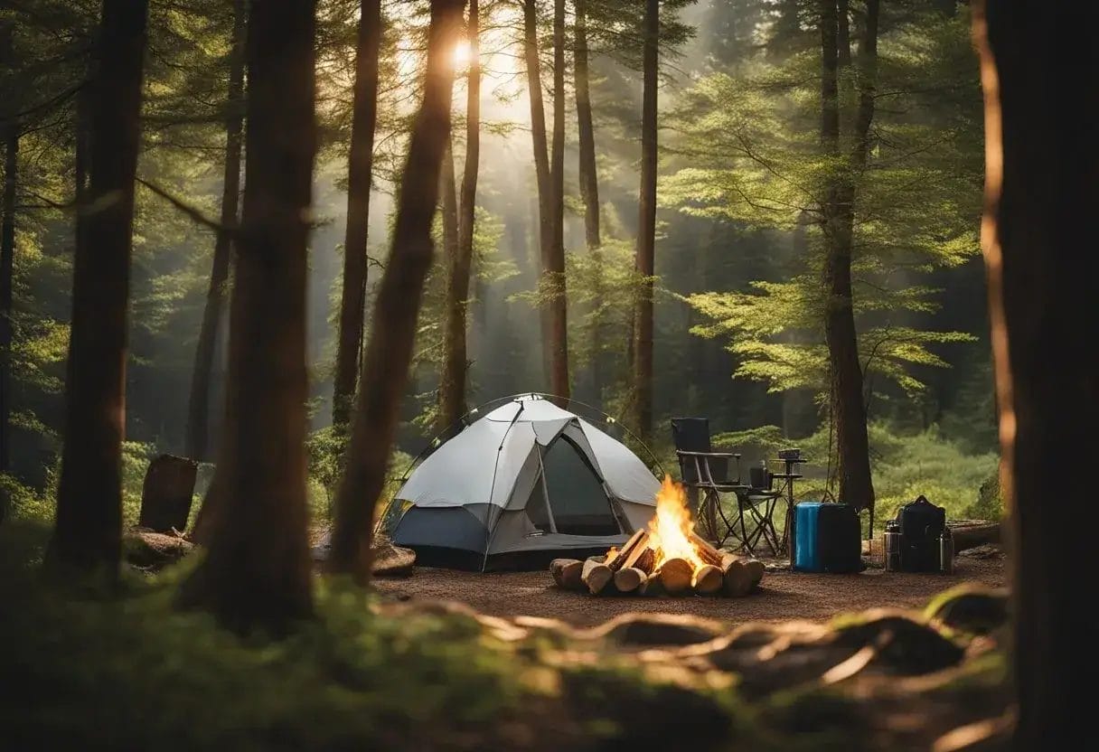 A serene forest with a campfire surrounded by reusable camping gear, contrasting with a luxurious glamping site featuring solar-powered lights and compostable amenities