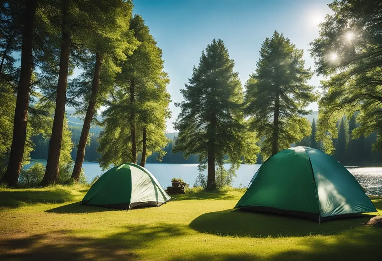 A sunny campsite with tents for summer, rain, and wind. Clear blue skies, green trees, and a calm lake in the background