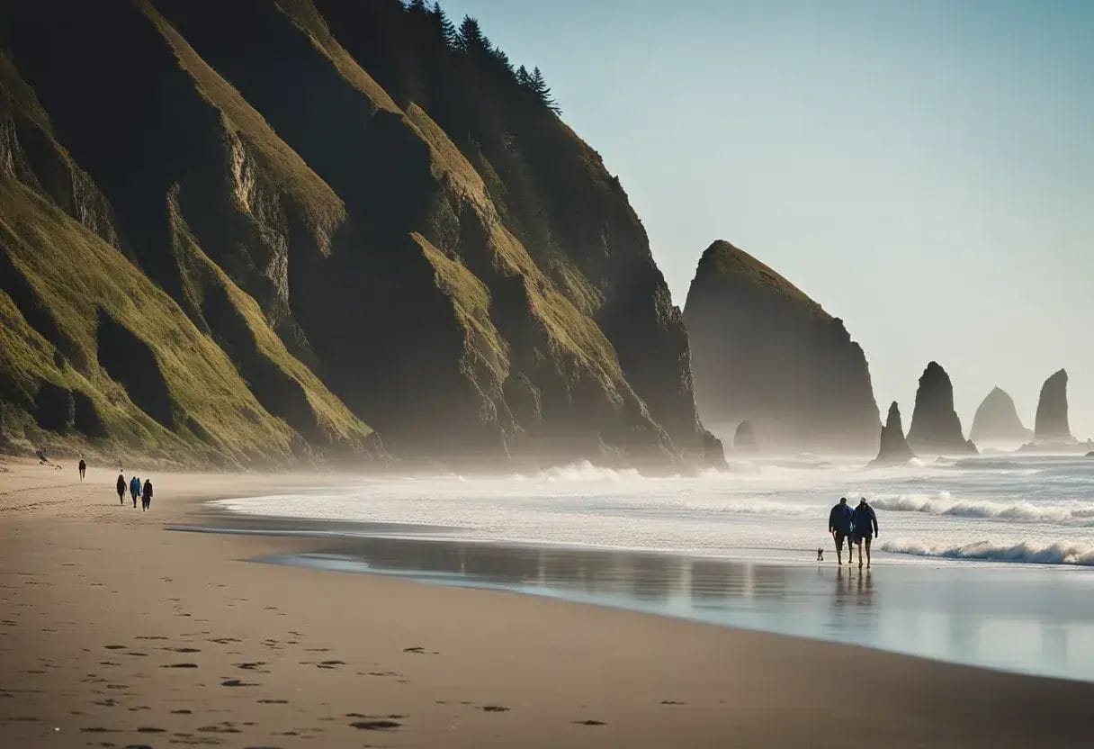 A family enjoys a leisurely hike on Cannon Beach, surrounded by towering cliffs and crashing waves