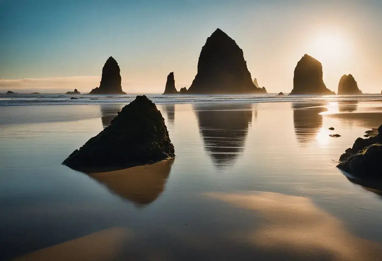 The rugged coastline of Cannon Beach is dotted with towering sea stacks, while colorful tide pools teem with marine life. The horizon is dominated by the majestic silhouette of Haystack Rock, a symbol of the area's natural beauty and cultural significance