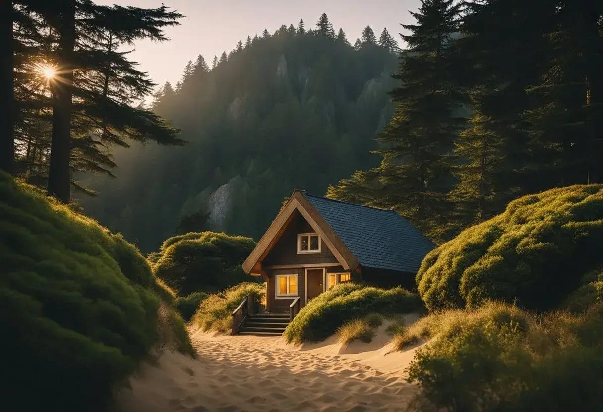 A cozy cabin nestled among towering trees, with a warm glow emanating from its windows, sits beside a sandy trail leading to the iconic Haystack Rock on Cannon Beach