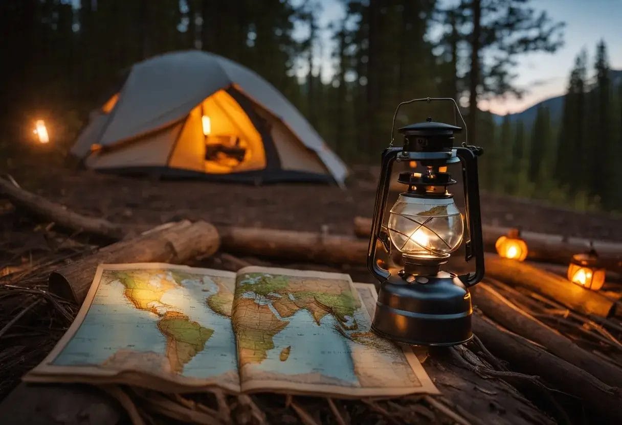 A campfire crackles, casting a warm glow on a tent, a lantern, and a cooking pot. A map and compass lay on a log, while a flashlight illuminates a nearby trail