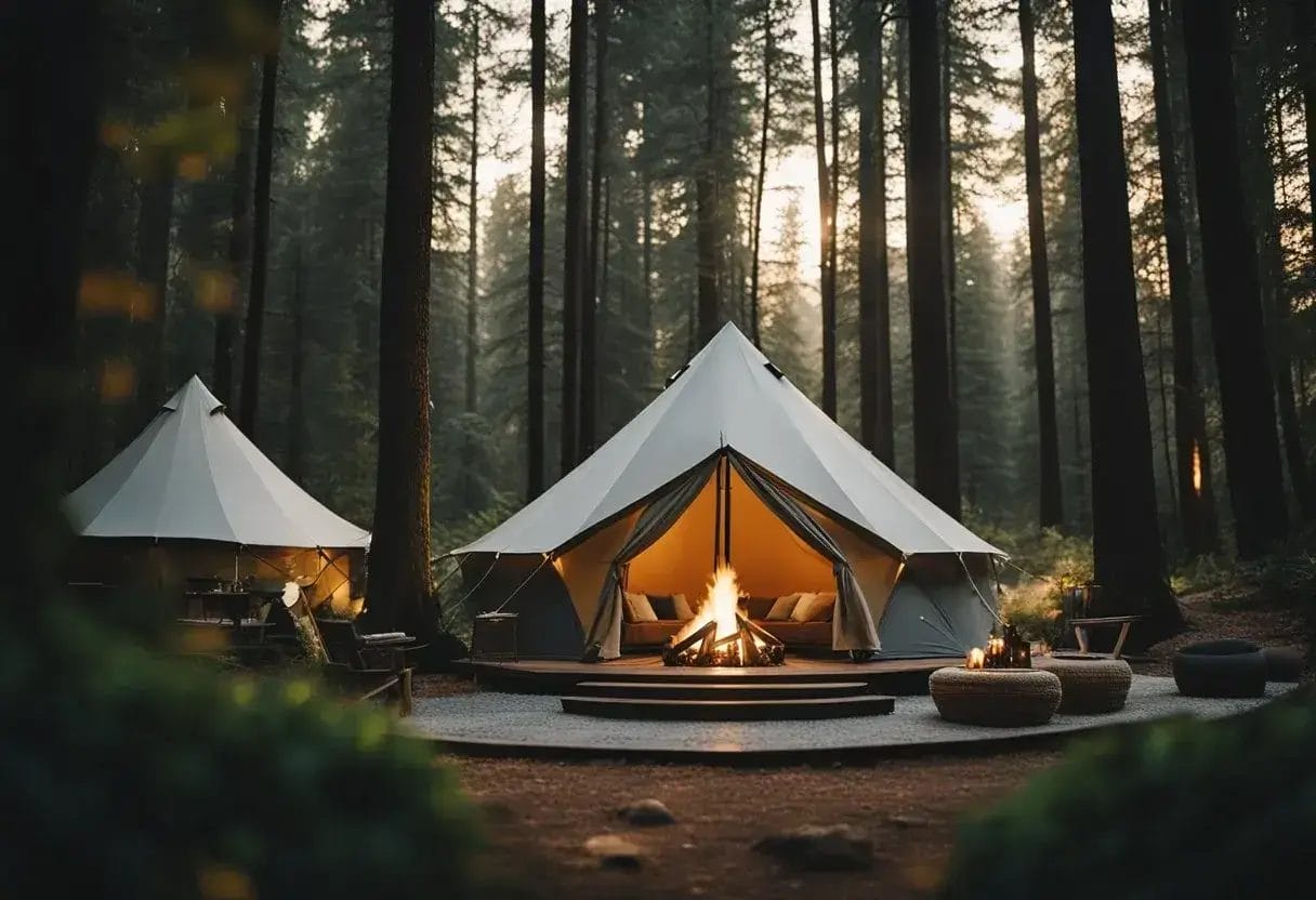 A luxurious tent nestled in a serene forest clearing, complete with cozy furnishings, soft lighting, and a crackling fire pit
