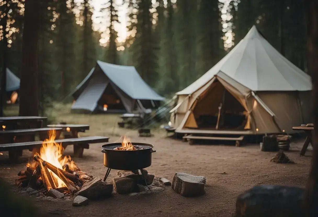 A serene campsite with a crackling fire, cozy tents, and outdoor cooking equipment. Nearby, a luxurious glamping setup with a spacious tent, comfortable seating, and stylish decor