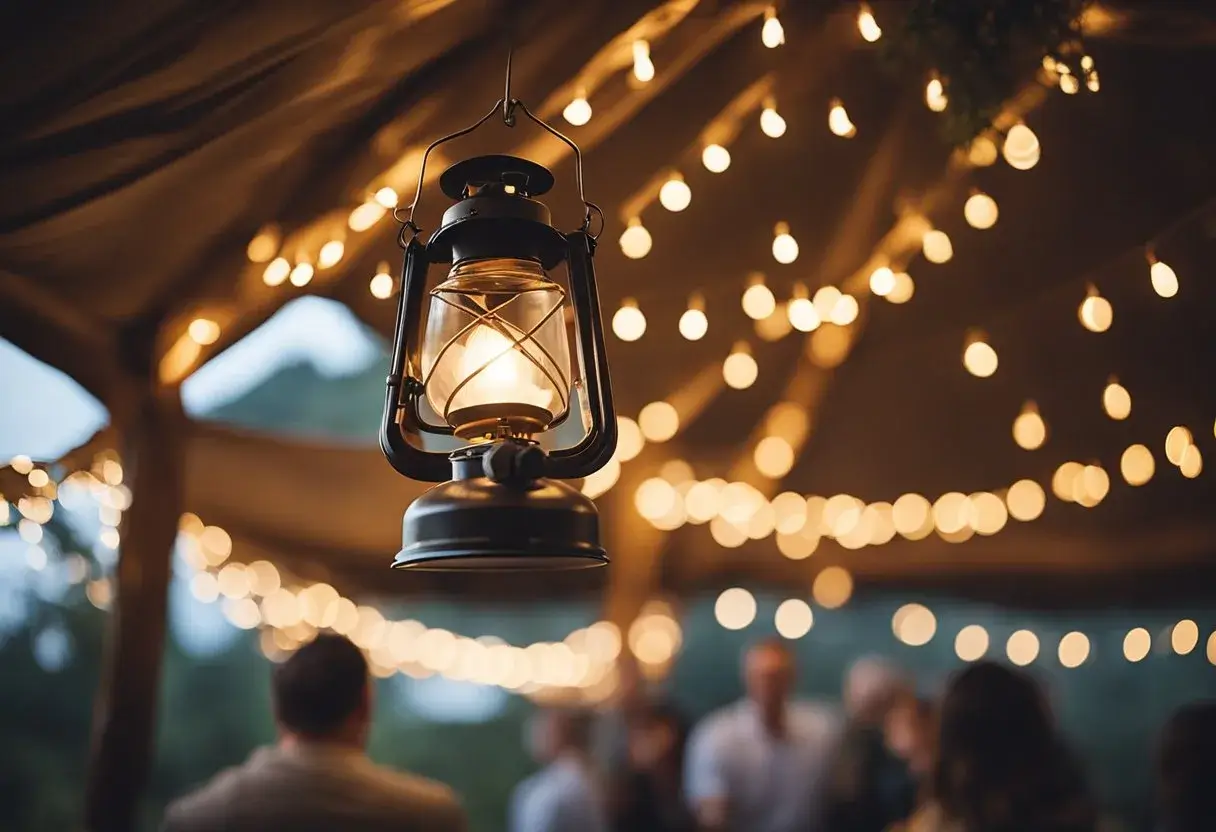 A glowing lantern hangs from the center of the tent, casting a warm, soft light on the interior. Outside, string lights are draped around the entrance, creating a cozy and inviting atmosphere