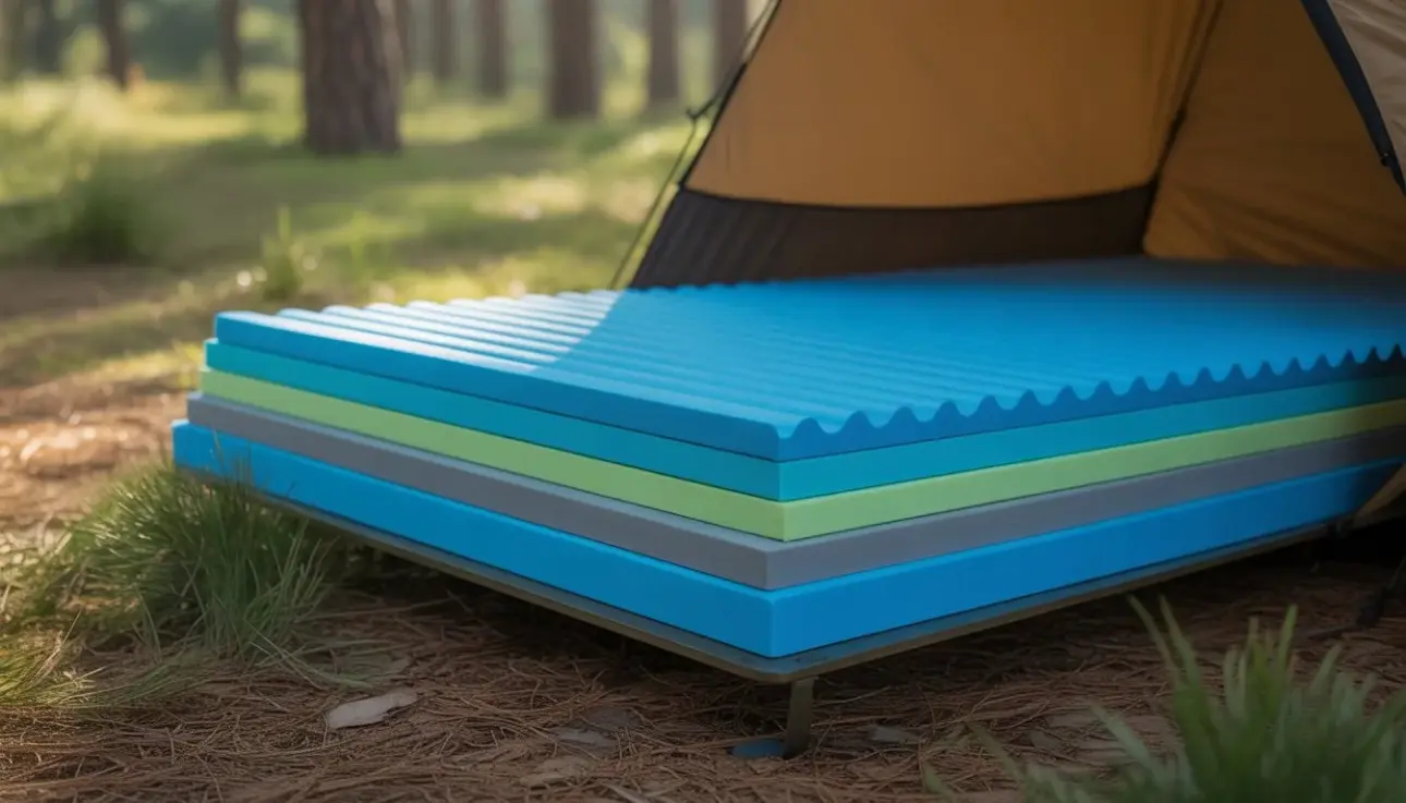 Stacked foam pads layered for extra cushioning on a camping bed inside a tent in a forest setting.