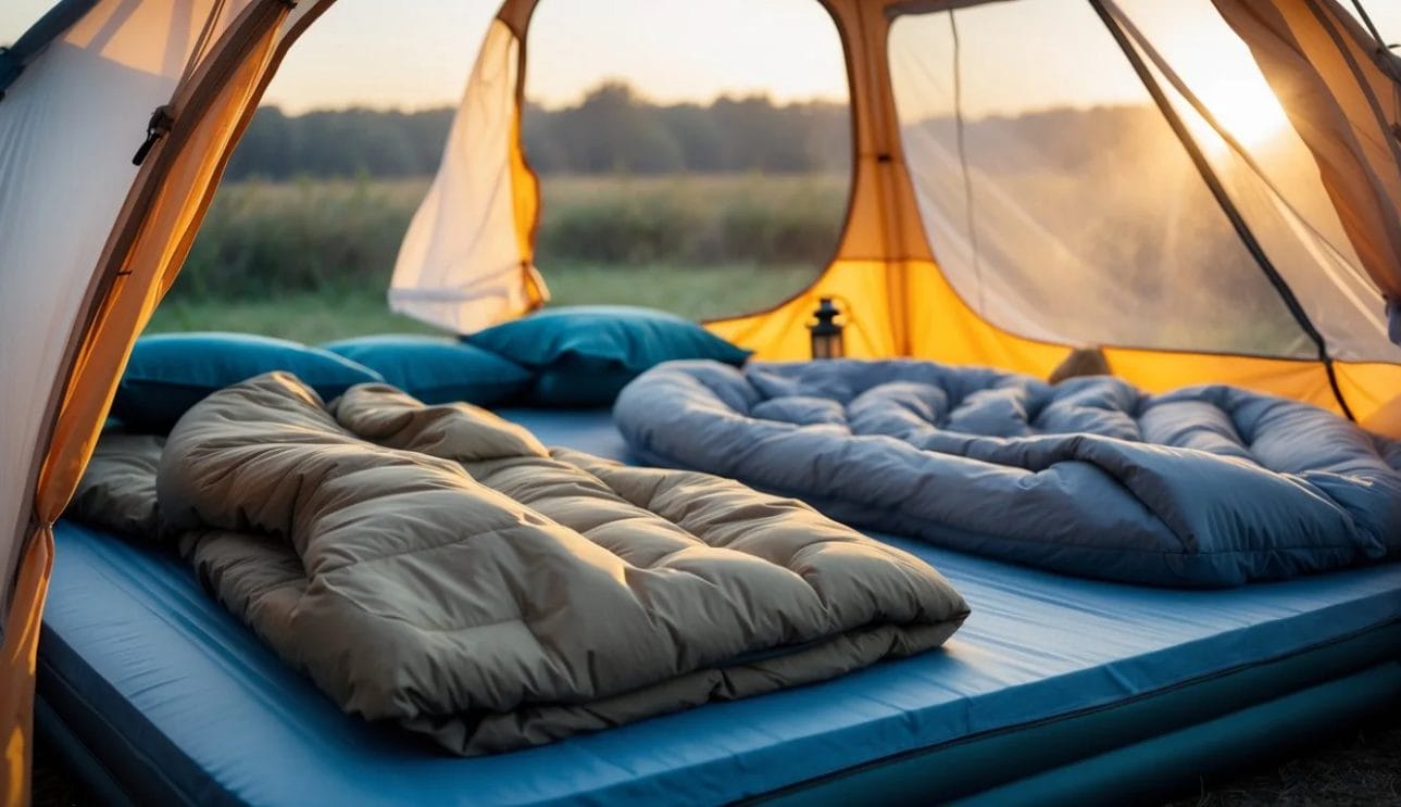 A sleeping bag with a fitted sheet laid out on a camping mattress outdoors surrounded by grass and trees.