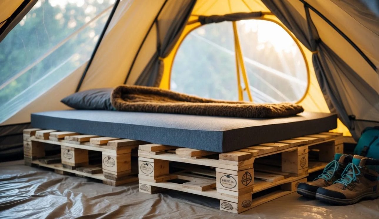 A raised wooden pallet bed with slats outdoors in a forest setting, with a mattress on top.