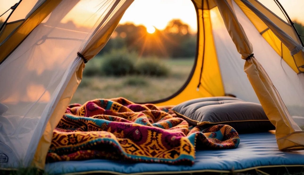 A cozy camping bed outdoors with blankets and pillows surrounded by trees and camping gear.