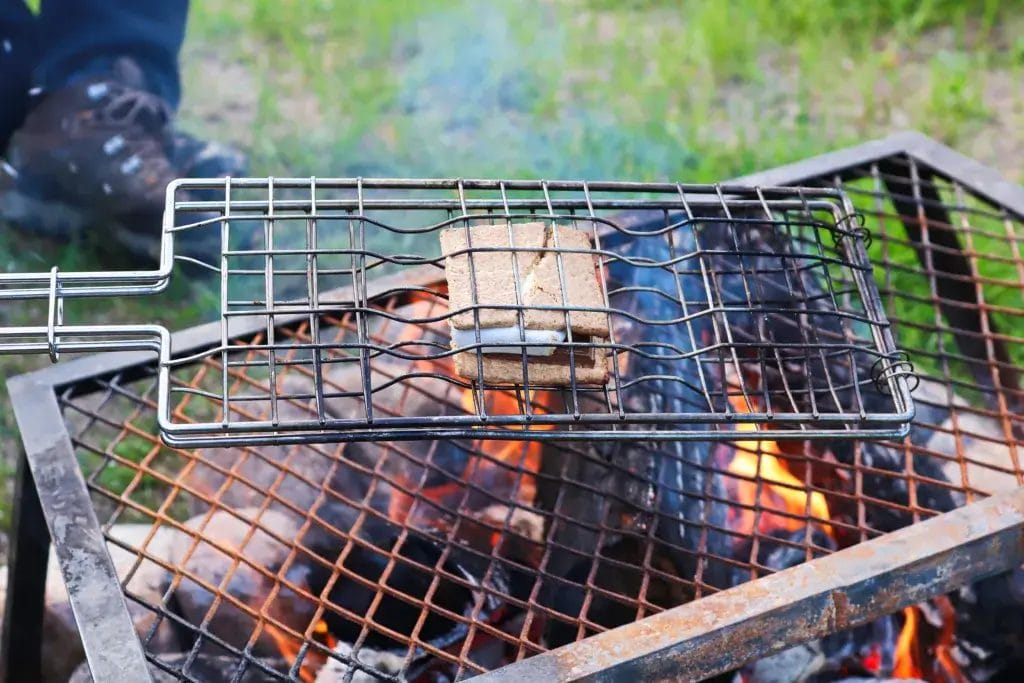 Cooking smores camping desserts over a campfire.
