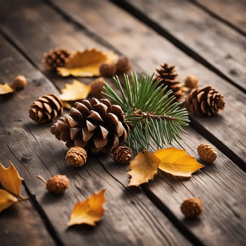 Pinecones and leaves for camping crafts on a picnic table.