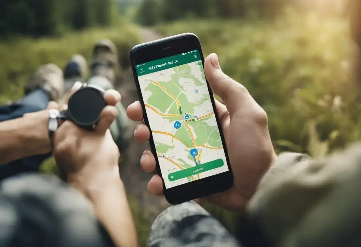A group of hikers gather around a map on a smartphone, discussing their route. Nearby, a signpost points to various trails. The app's logo is visible on the screen