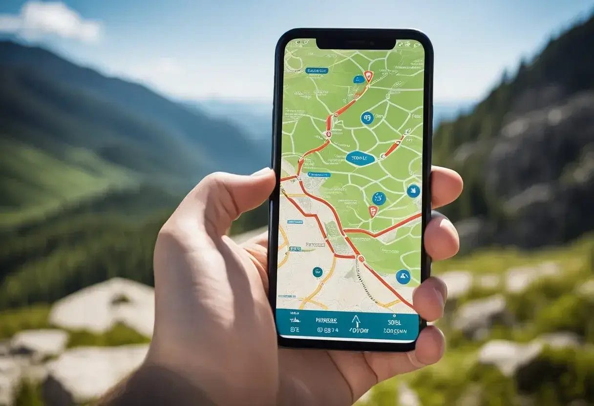 A smartphone displaying a hiking trail map with GPS location and distance information