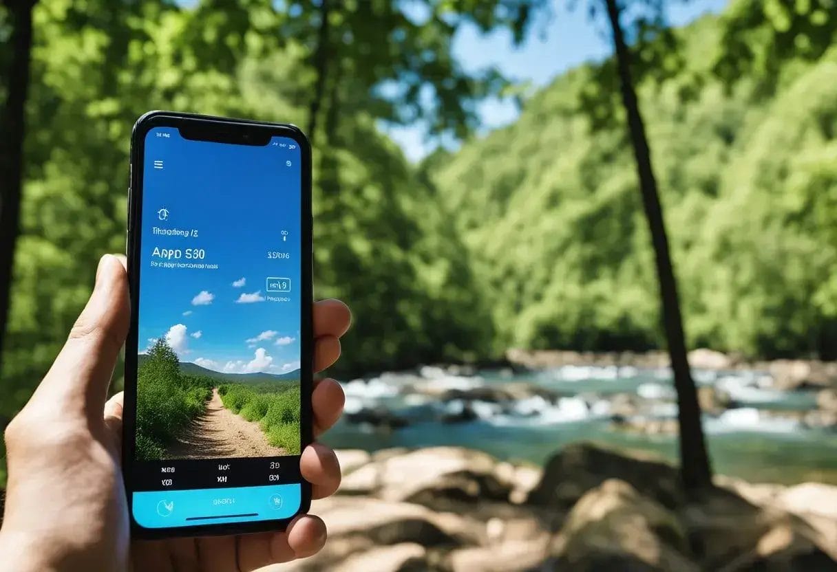 Hiking boots on a trail, surrounded by lush green trees and a clear blue sky. A smartphone displaying a hiking app is held up, with the app's features visible