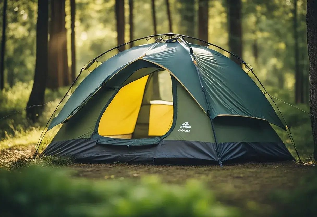 A tent pitched on elevated ground with ventilation, away from bodies of water, and with a rainfly to prevent condensation
