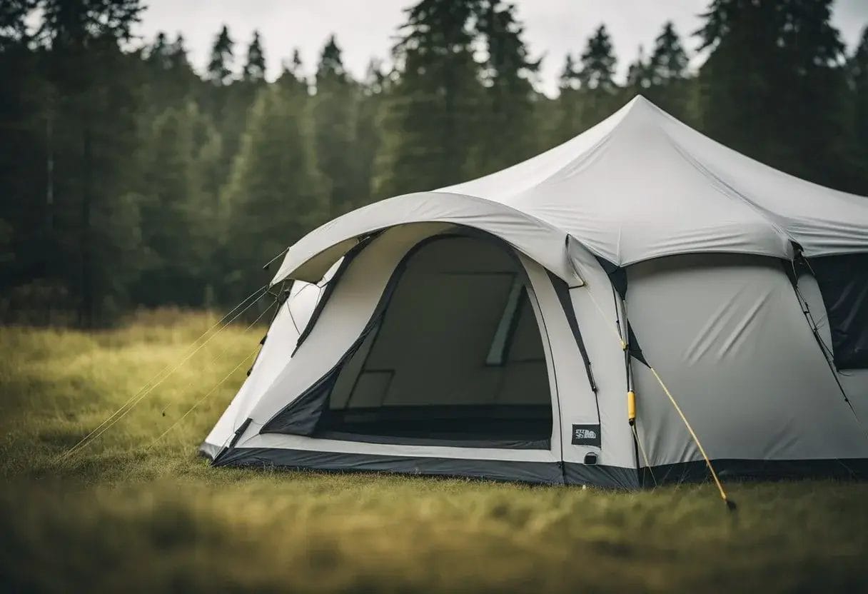 A tent with open windows and vents, placed on higher ground, with a rain fly properly secured, and using a dehumidifier or desiccant packs inside