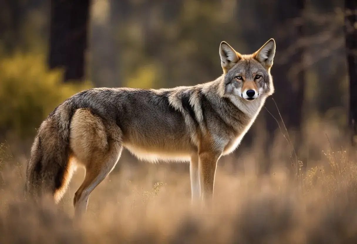 A coyote stands alert in a natural setting, surrounded by trees and brush. Its ears are perked up and its gaze is focused, conveying a sense of wildness and caution
