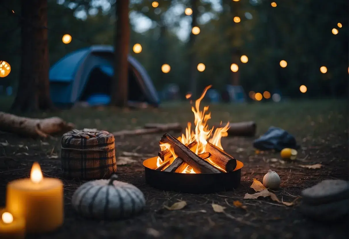 A campfire surrounded by seasonal crafts and decorations, with a backdrop of changing foliage and a starry night sky