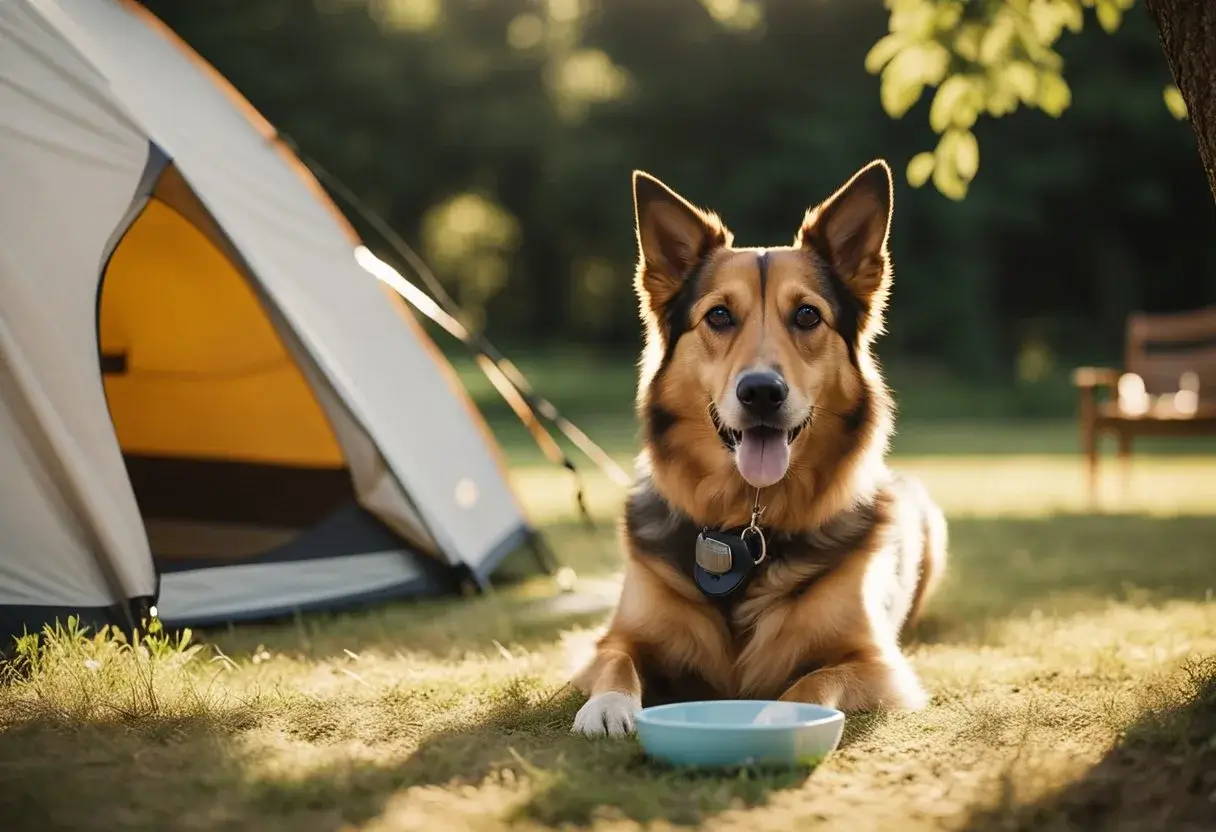 A dog lounges in the shade of a tent, with a bowl of water nearby. The sun shines brightly, and the dog looks content and relaxed
