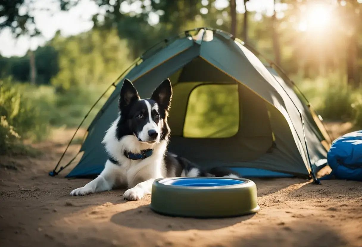 A dog sits in the shade with a collapsible water bowl, leash, and cooling vest nearby. A tent, sleeping bag, and dog bed are set up for a comfortable night's sleep