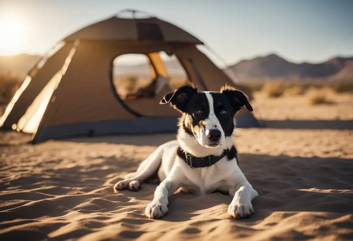 A dog pants under a scorching sun while lying by a tent in a dry, desert-like landscape. The dog's tongue hangs out as it seeks shade from the intense heat
