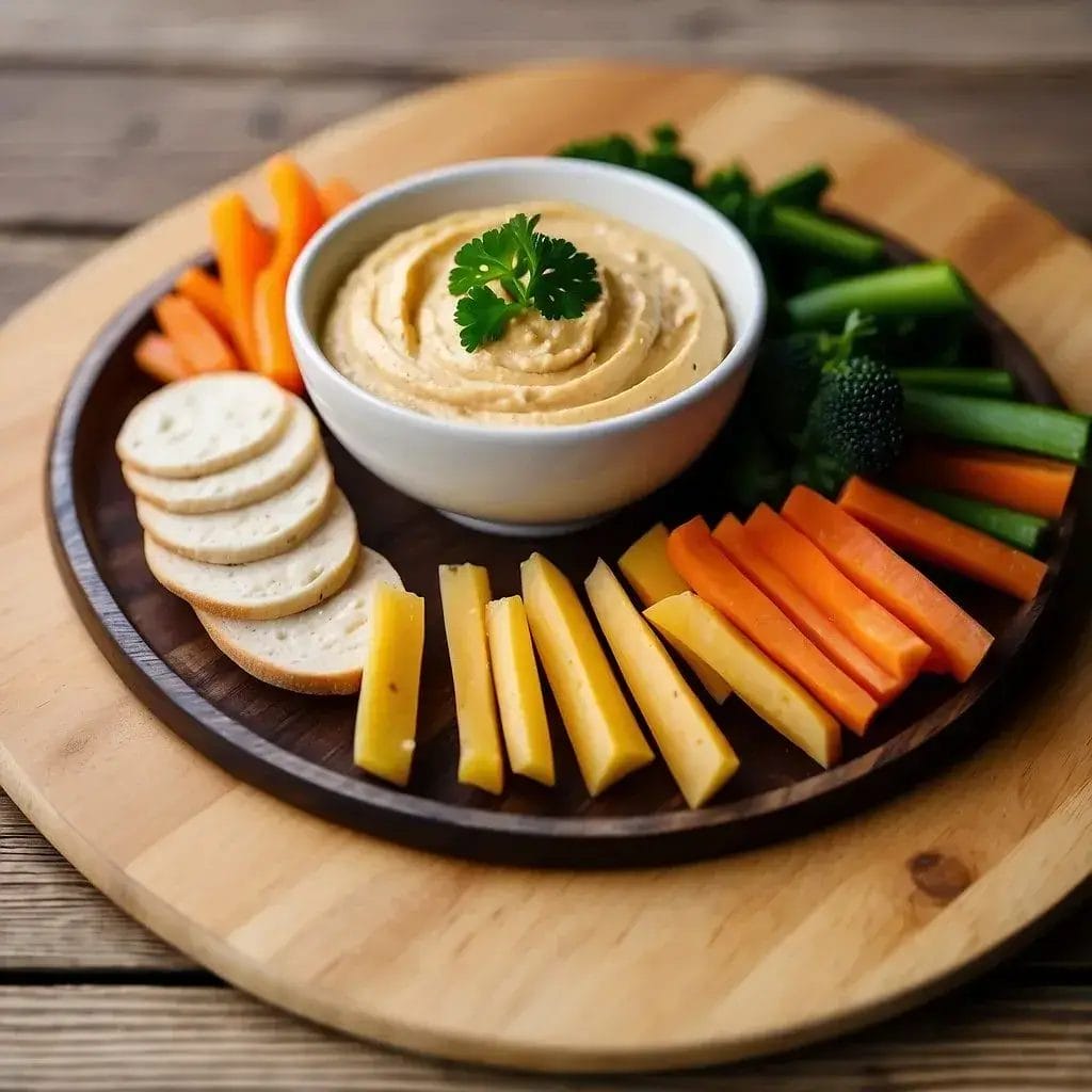 Hummus and Veggie sticks on a plate.