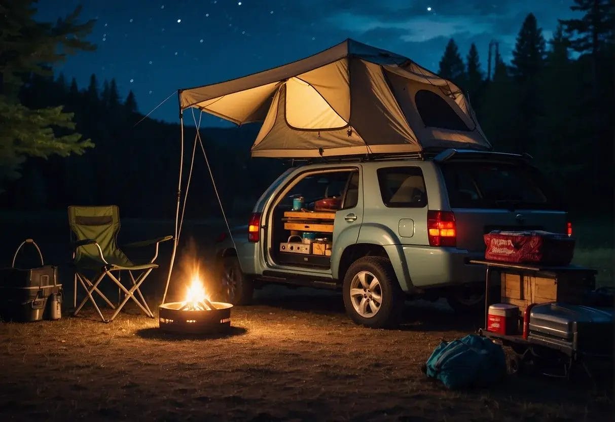 A compact car packed with camping gear, including a tent, cooler, and folding chairs, parked in a scenic, wooded campsite with a crackling campfire and a clear night sky above