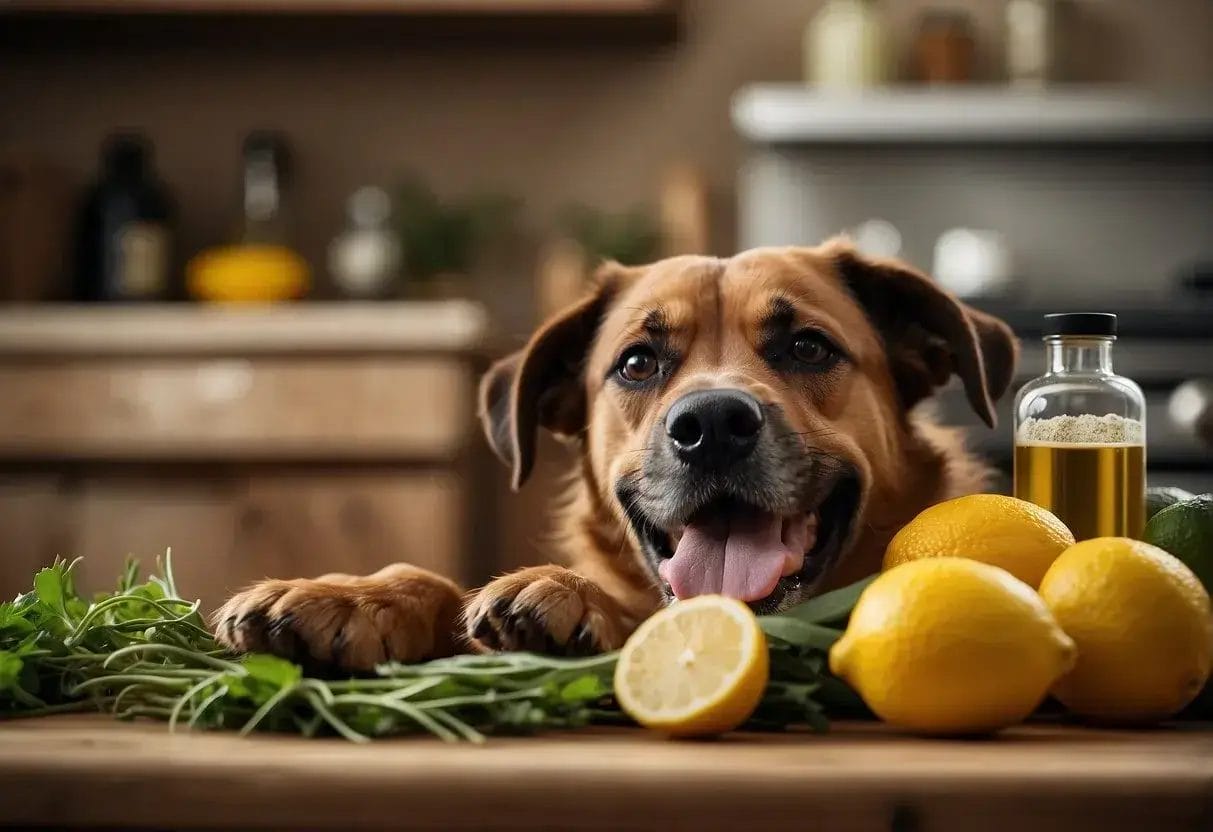A dog scratching furiously while surrounded by natural ingredients like vinegar, lemon, and essential oils, with a DIY flea collar nearby