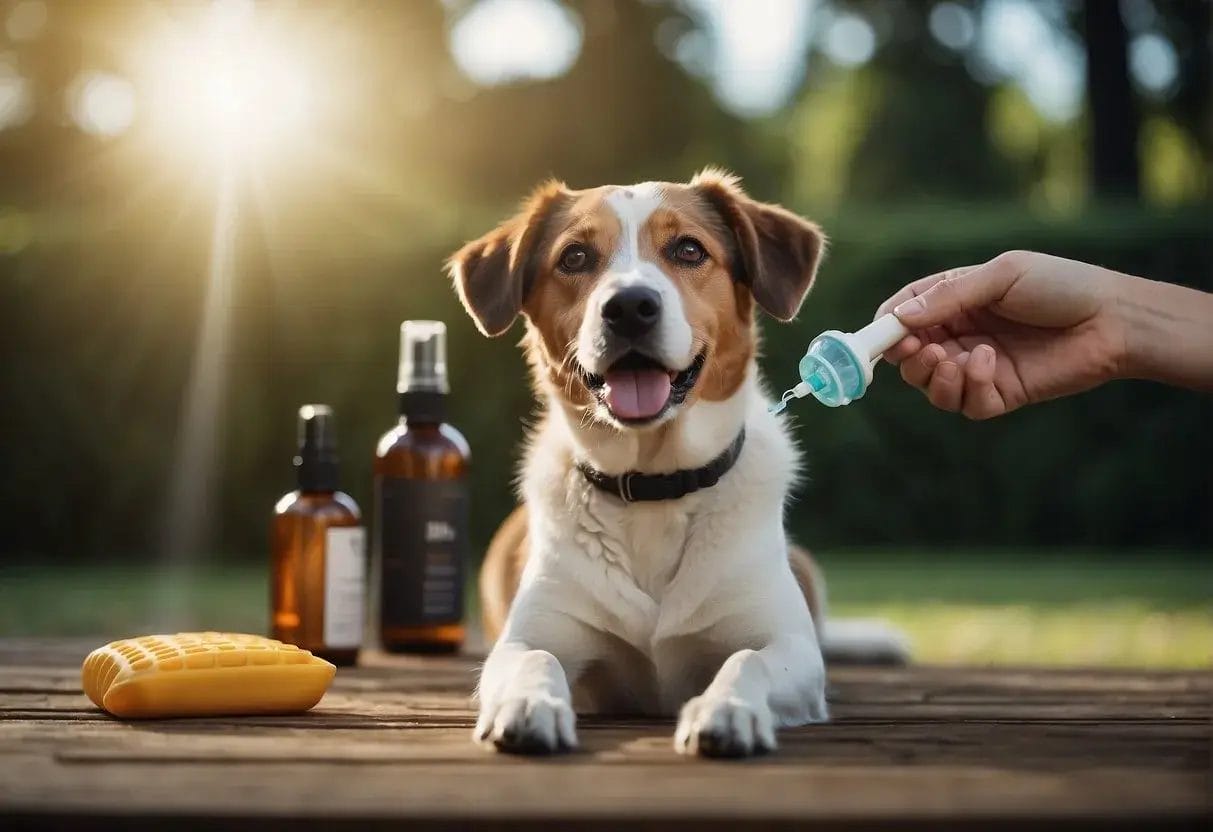A dog lying on a comfortable surface while a person sprays a natural flea remedy on its fur, with a calm and relaxed expression on the dog's face