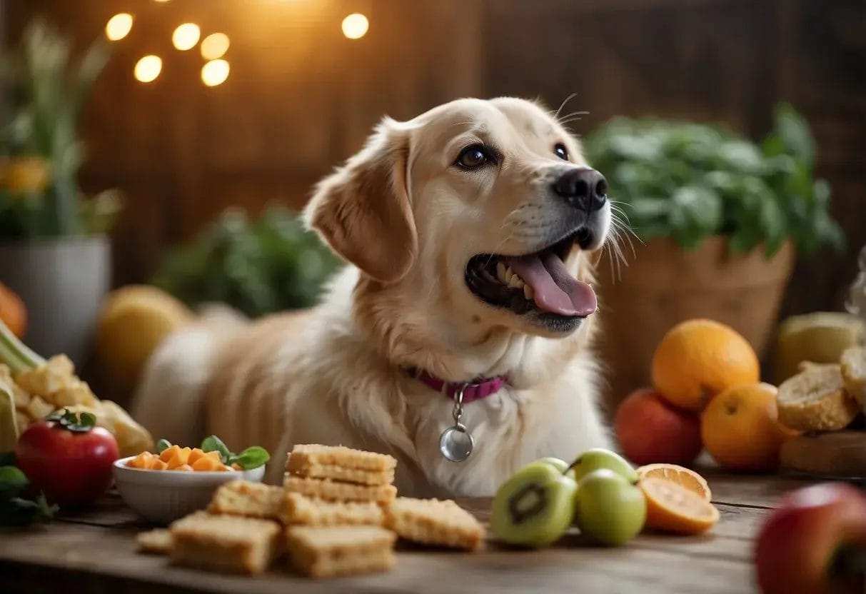 A dog eagerly chews on a homemade frozen treat, tail wagging with delight. The treat is surrounded by fresh ingredients like fruits and vegetables, highlighting the health benefits of homemade frozen dog treats