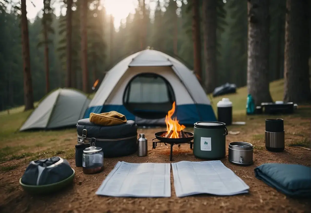 A campsite with a neatly organized packing list, including a tent, sleeping bags, cooking equipment, and a cooler, surrounded by trees and a fire pit
