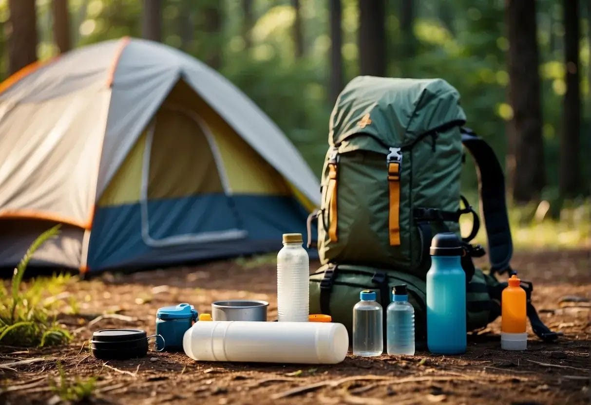 A camping scene with a tent, backpack, first aid kit, water bottle, flashlight, map, and sunscreen scattered on the ground