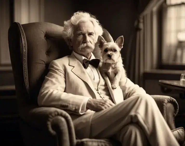 a man in a suit and bow tie sitting in a chair with a dog