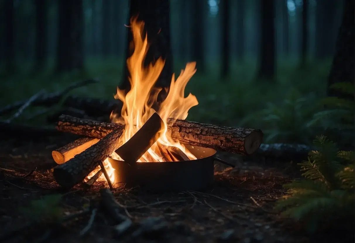 A crackling campfire illuminates the serene night, casting dancing shadows on the forest floor. The scent of pine and smoke fills the air as the stars twinkle overhead, creating a sense of peace and wonder