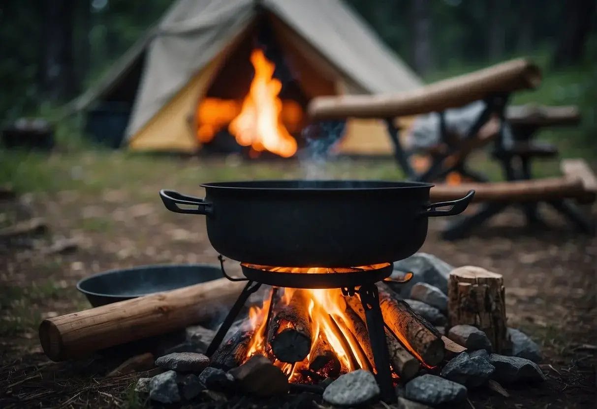 A crackling campfire surrounded by cooking utensils, a cast iron skillet, and a pot hanging from a tripod. A tent and camping chairs in the background