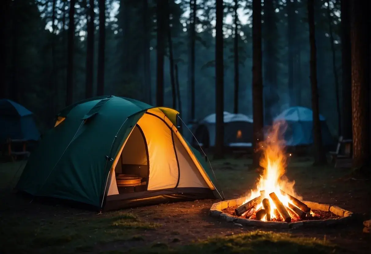 A crackling campfire illuminates the dark forest. A tent is pitched nearby, surrounded by towering trees and a starry sky