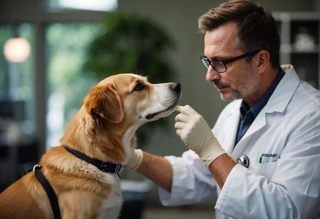 A veterinarian administers a skin test on a dog to diagnose seasonal allergies