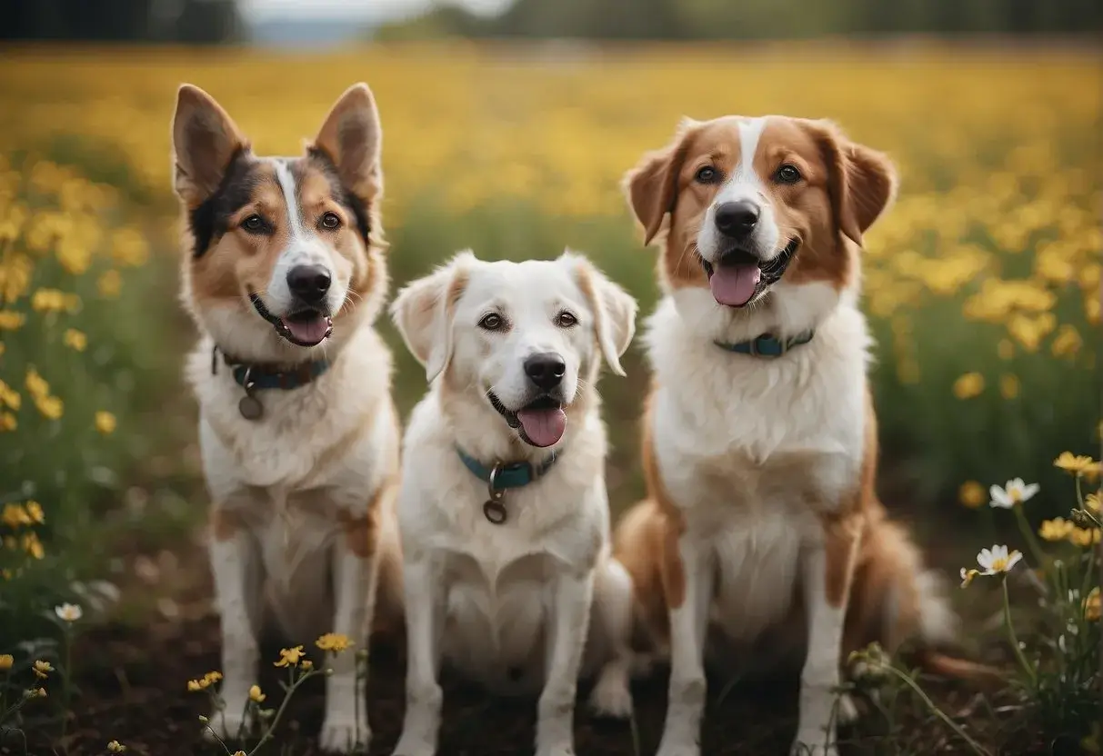 Dogs with watery eyes and sneezing in a field of blooming flowers