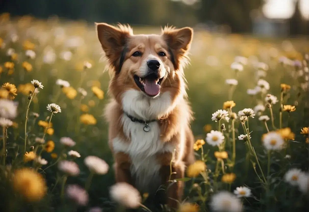 Dogs scratching and sneezing in a field of blooming flowers