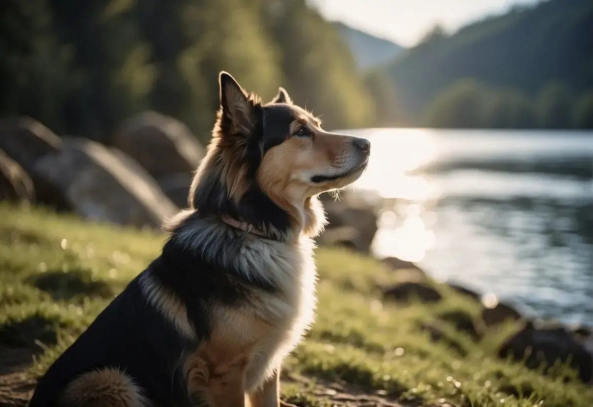 A dog sits by a river, gazing into the distance, with a thoughtful expression. A quote from Mark Twain about dogs is written in the background