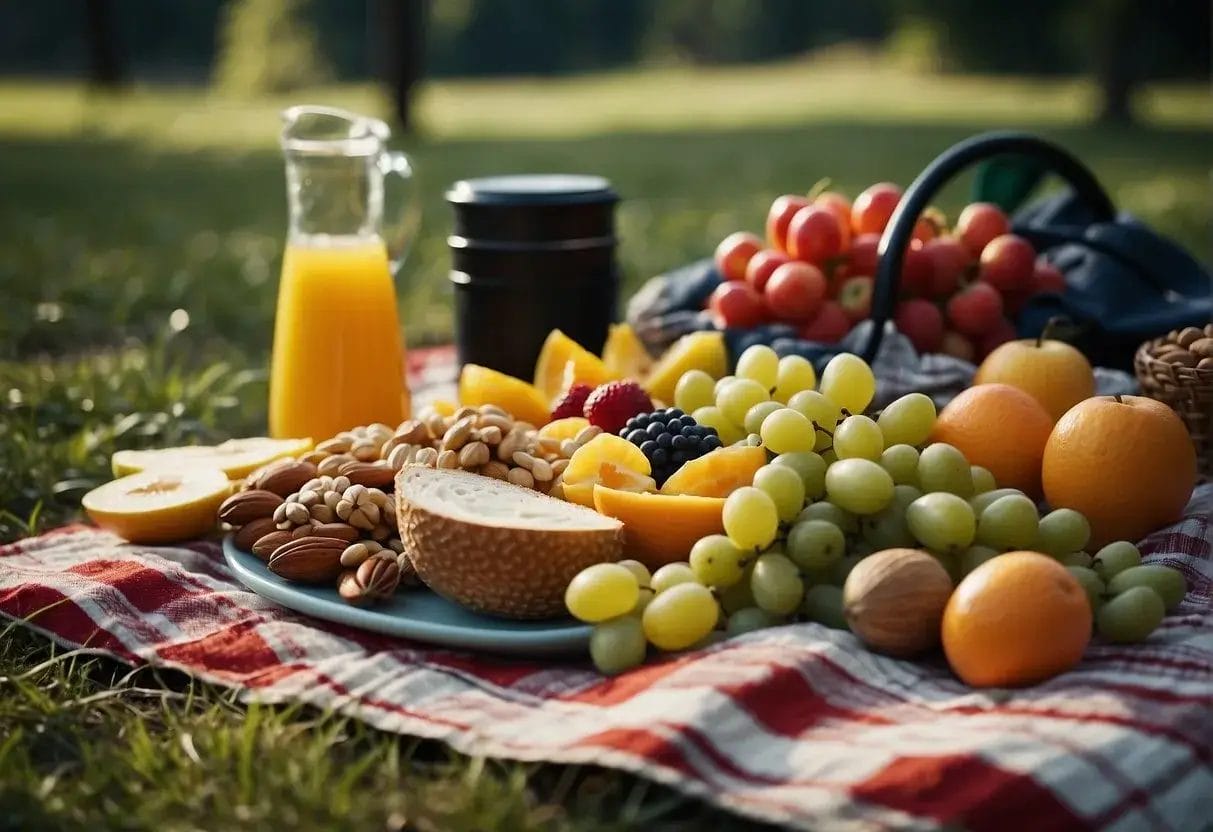A picnic blanket with a spread of fresh fruits, nuts, and veggie sticks, surrounded by nature and camping gear