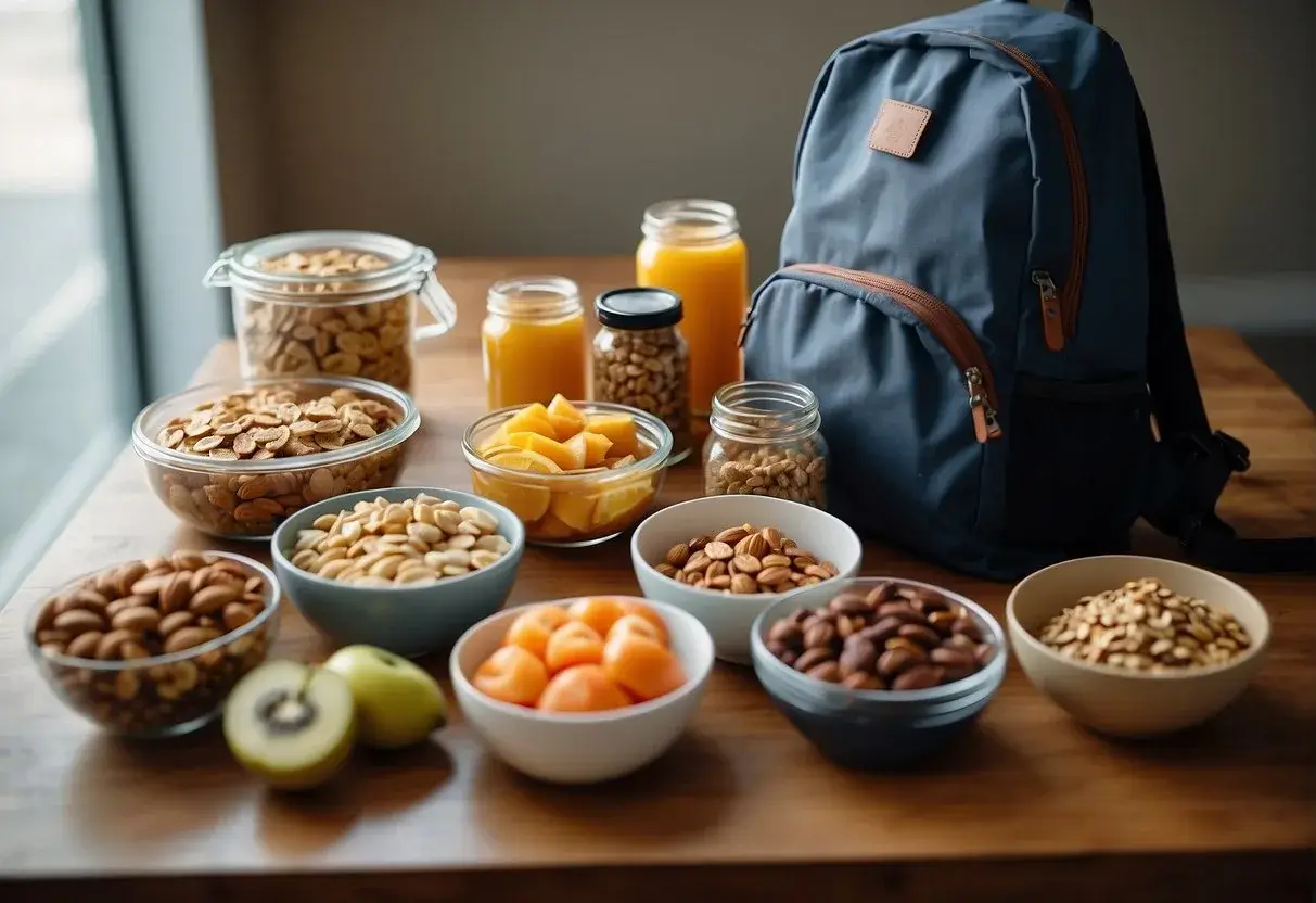 A table with an assortment of snacks, including fruits, nuts, and granola bars, being packed into individual ziplock bags and placed into a backpack