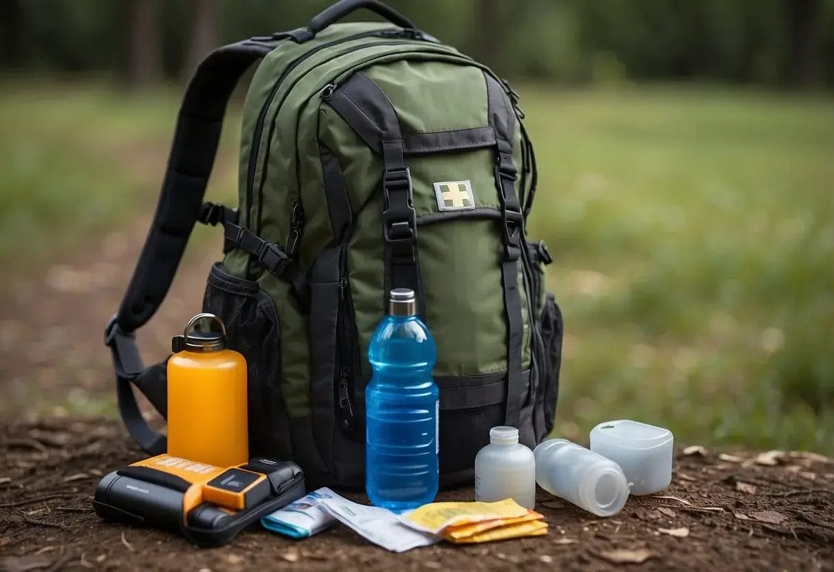 A backpack open on the ground, with a first aid kit, water bottle, snacks, map, flashlight, and multi-tool spilling out
