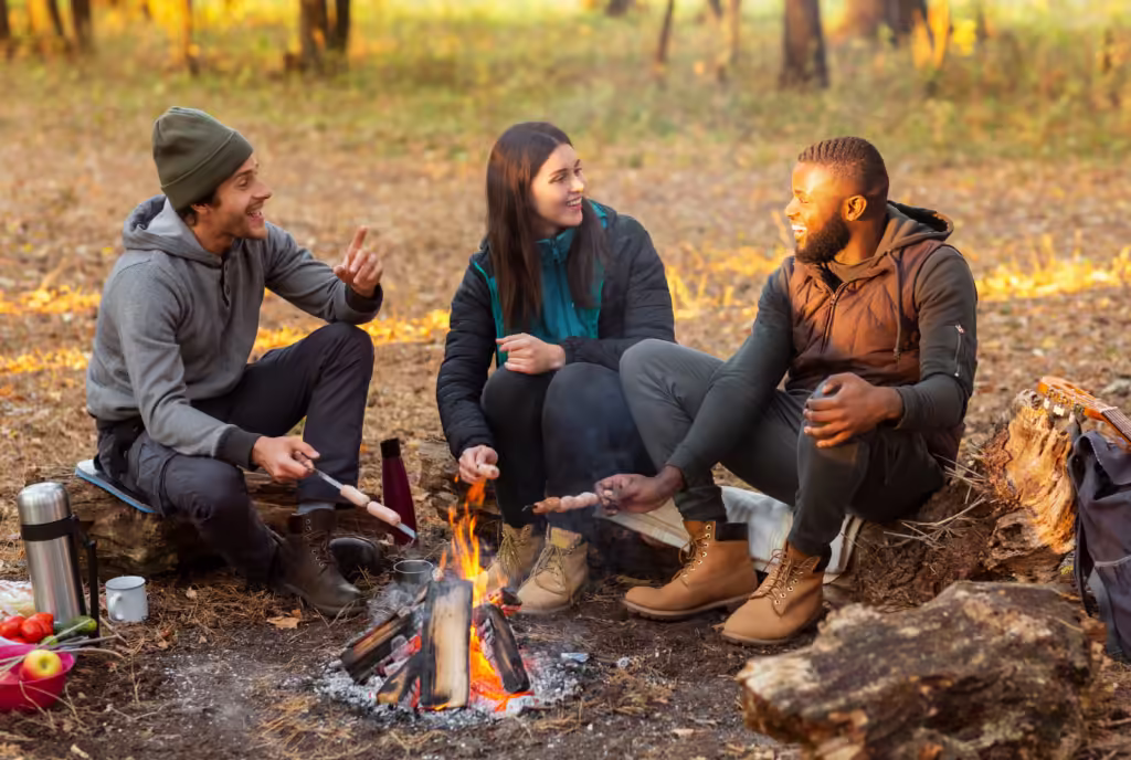 Camping time for mixed race happy group of friends sitting around fireplace and frying sausages in forest