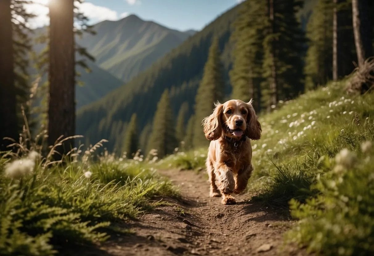 A Cocker Spaniel hiking through a lush forest, tail wagging and ears flopping, with a mountainous landscape in the background